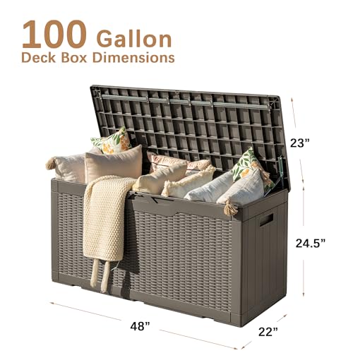 Devoko 97 Gallon Deck Box, Waterproof Resin Outdoor Storage Box for Outside and Patio, Large Outdoor Storage Bench Cabinet Lockable for Patio Furniture, Garden Tools and Pool Supplies (Brown) - color: Brown, size: 97 Gallon 1 Pack