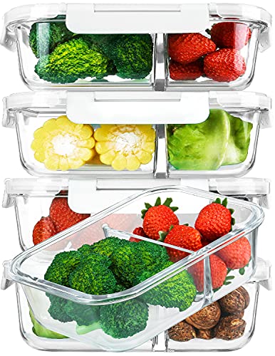 [5-Pack,36 Oz]Glass Meal Prep Containers 2 Compartments Portion Control with Upgraded Snap Locking Lids Glass Food Storage Containers, Microwave, Oven, Freezer and Dishwasher (4.5 Cups, White) - color: White