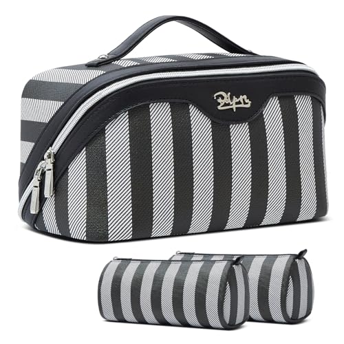 BOYATU Travel Makeup Bag Cosmetic Bag for Women: 3 Pcs Set Striped Make up Bag with Compartments - Waterproof Vegan Leather Toiletry Bag with Handle - Makeup Organizer for Travel Essentials(A-4-Black) - color: A-4-Black
