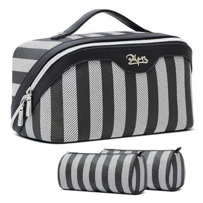 BOYATU Travel Makeup Bag Cosmetic Bag for Women: 3 Pcs Set Striped Make up Bag with Compartments - Waterproof Vegan Leather Toiletry Bag with Handle - Makeup Organizer for Travel Essentials(A-4-Black) - color: A-4-Black