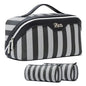 BOYATU Travel Makeup Bag Cosmetic Bag for Women: 3 Pcs Set Striped Make up Bag with Compartments - Waterproof Vegan Leather Toiletry Bag with Handle - Makeup Organizer for Travel Essentials(A-4-Black) - color: A-4-Black