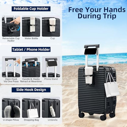 HanTrip 20 Inch Carry on Luggage 22x14x9 Airline Approved Hard Shell Suitcases with Wheels, Top Opening Expandable Carry on Luggage with Cup Holder Small Rolling Suitcase with Lock, Black - color: Black, size: Expandable 20 Inch