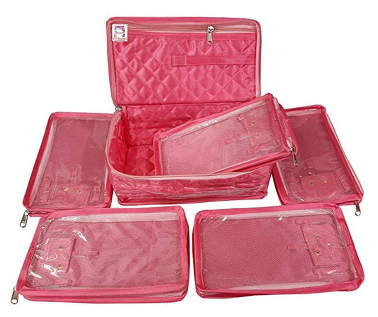 atorakushon Satin Makeup Kit Travel Jewelry Organizer Locker Box Pouches Clutch Bag for Necklaces Earrings Rings and Bracelets Pink Color - color: Pink