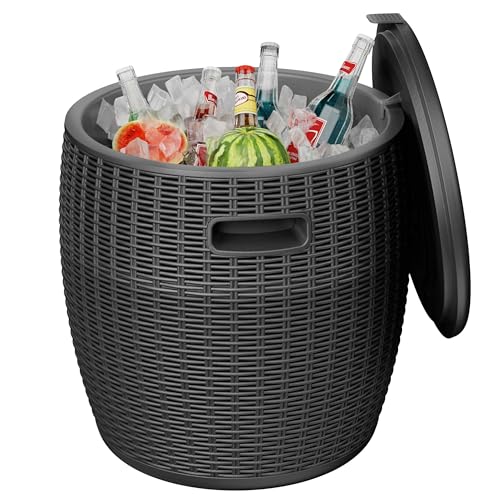 EasyUp 9.5 Gallon Outdoor Cooler Table, Wicker Round Ice Bucket for Parties, Rattan Bar Table with Top Lid Side Handles Drainage Plug, Beer Wine Cooler Side Tables for Patio, Poolside, Deck, Black - color: Black, size: 16.73*16.73*17.32inch
