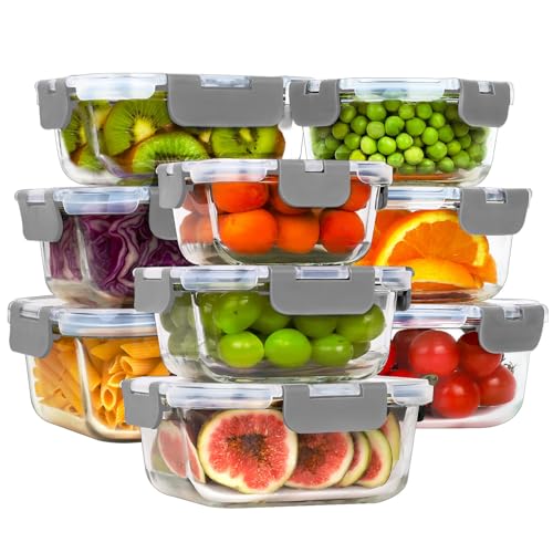 HOMBERKING Glass Food Storage Containers with Lids, [18 Piece] Glass Meal Prep Containers, Airtight Lunch Bento Boxes, BPA-Free & Leak Proof (9 lids & 9 Containers) - Grey - color: Grey