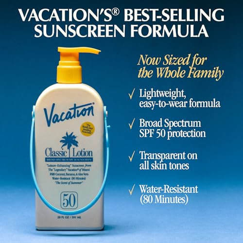 Vacation Classic SPF 50 Sunscreen Lotion, 20 Fluid Ounces - Invisible, No White Cast, Water-Resistant, Body Sunscreen, Dermatologist-Tested, Family Size, Vegan, - size: 20 Fl Oz (Pack of 1), style: SPF 50