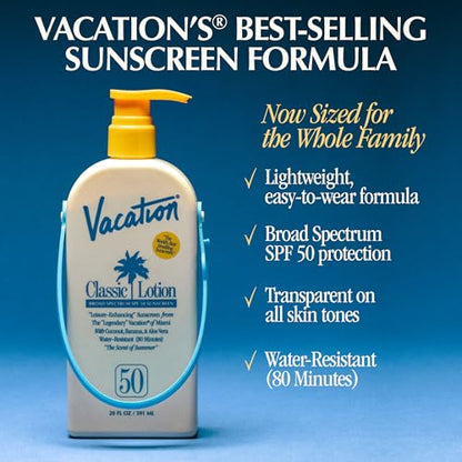Vacation Classic SPF 50 Sunscreen Lotion, 20 Fluid Ounces - Invisible, No White Cast, Water-Resistant, Body Sunscreen, Dermatologist-Tested, Family Size, Vegan, - size: 20 Fl Oz (Pack of 1), style: SPF 50