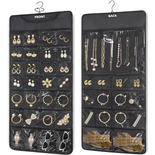 FOREGOER Hanging Jewelry Organizer Double Sided 43 Pockets Large Necklace Earring Accessory Holder Organizer(Black) - color: 43 Large Pocket Black