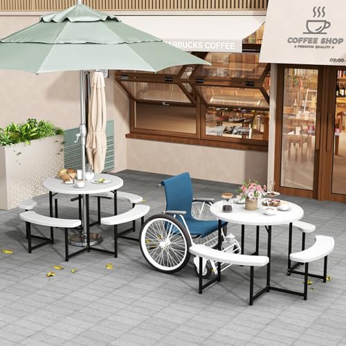 Tangkula 8 Person Picnic Table, HDPE Outdoor Round Table and Bench Set with 4 Built-in Benches, Umbrella Hole, Metal Frame for Garden Yard Patio Lawn - color: White