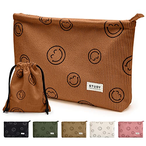 WLLWOO Makeup Bag-2pcs Smile Face Corduroy Cosmetic Bag Zipper Interior Waterproof Pencil Case Coin Purse Travel Toiletry Small Makeup Pouch For Women - color: Brown