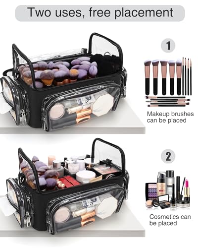 Makeup Brush Bag, Makeup Brush Case for Makeup Artist with Plastic Dividers Washable, Portable Travel Makeup Train Case with Clear Waterproof Cover for Easy to Clean and Find with Adjustable Strap - color: Clear+Black