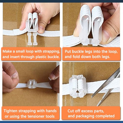 Hand Grade Polypropylene (PP) Strapping Coil 0.55" x 0.024" 130lbs Break Strength White Poly Strap 100pcs Plastic Buckles for Manual Packing Box Packing Strapping (Length328' x 1 Roll) - size: Length328' x 1 Roll