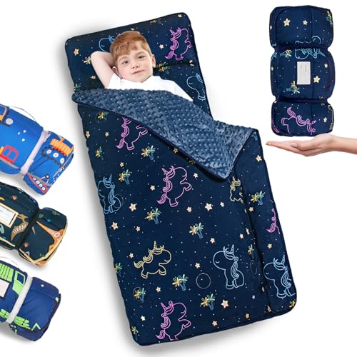 Primlect Thickened Toddler Nap Mat with Removable Pillow and Minky Blanket, Extra Large 55''x35'' Sleeping Bag, Washable, Roll up, Perfect for Daycare, Preschool, Kindergarten, Boys and Girls - color: navy blue