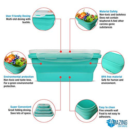 AMAZING CONTAINERS™ Collapsible Silicone Food Storage Container Set of 4 with Lids | Stackable | Microwaveable | Freezer, Dishwasher Safe| BPA Free