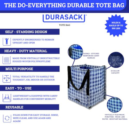 DURASACK Heavy Duty Storage Tote Bag 22-Gallon Rugged Woven Polypropylene Moving Bag, Reusable Self-Standing Design, Holds up to 500 Pounds, Pack of 4, Gingham Blue - color: Gingham Blue, size: Pack of 4