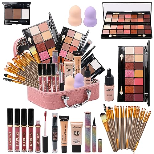 MTDXILTAI All in One Makeup Kit for Makeup storage bag 2X14 Colors Eyeshadow Palette Liquid Foundation Eyeliner Pencils Contouring Stick 20Pcs Make up Brushes For Women Girls Teens (Pink) - color: Pink
