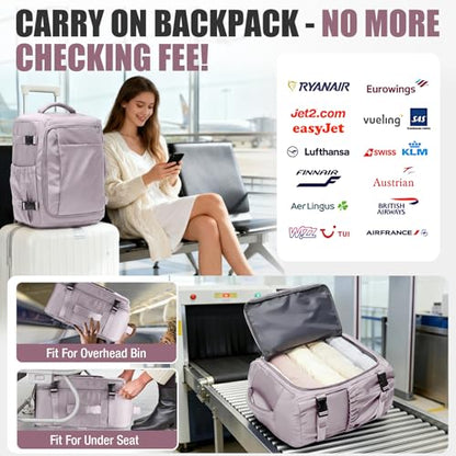 suwasp Travel Backpack for Women Men,Ryanair Backpack 40x30x20CM Airline Approved Personal Item Travel Bag, Carry On Backpack Fits 14 Inch Laptop, 180° Opening, Fits Flight Underseat, Light Purple - color: Light Purple