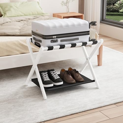 Smuxee White Bamboo Luggage Rack for Guest Room, Foldable Suitcase Stand with Storage Shelf, Easily Assembled Luggage Stand with 5 Nylon Straps for Guest Room Bedroom Hotel - color: White 1PCS