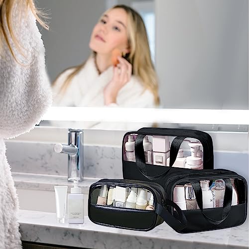Clear Makeup Bag, 3 Pcs of Cosmetic Bags Set, Transparent PVC Travel Makeup Pouch, Waterproof Cute Toiletry Bag for Women (Black) - color: Z-Black-3pcs, style: 3pcs