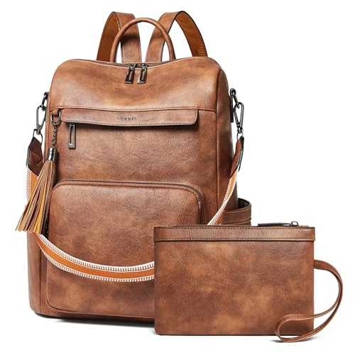Shrrie Vegan Leather Laptop Backpack for Women 15.6 inch Work Backpack Fashion Travel Backpack Purse for Travel College Work - color: 2 Two-toned Brown