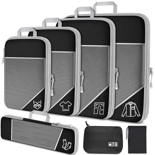 NiHome 7PCS Compression Packing Cube Set Expandable Mesh Travel Bag Luggage Organizers with Electronic Cable Cord Charger Organizer Drawstring Bag for Trip Home Storage Travel Gear Accessories (Black) - color: Black