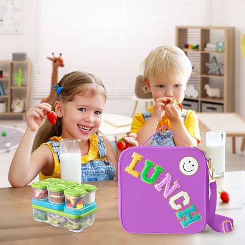 Insulated Lunch Bag With Adjustable Shoulder Strap, Nylon Preppy Lunch Box Large Insulated Lunch Bag Reusable Lunch Tote Bag with Smiley Preppy LunchBag for Girls School Travel Picnic (Dark purple) - color: Dark Purple