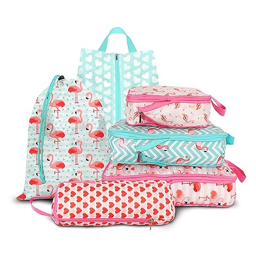 6 Pcs Compression Packing Cubes, Packing Cubes for Travel, Waterproof Luggage Organizer Bags Set, Cute Packaging Cubes for Women Kids Backpack Carry-Ons - color: Flamingo, size: 6 Set