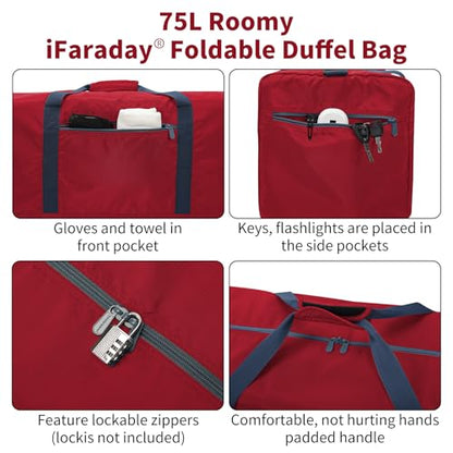 iFARADAY Foldable Duffle Bag 30 inch 75L Large Lightweight Luggage Bag for Travel Camping Storage-Red - color: Red-75L(with shoulder strap)
