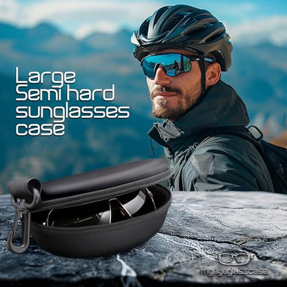 MyEyeglassCase Sports Sunglasses Case and Slim wallet Semi hard large glasses case w/belt clip soft pouch & cloth - color: B15hc Black/Black1