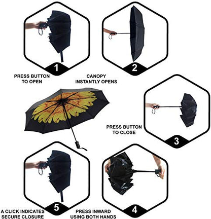 SY COMPACT Travel Umbrella - Windproof Automatic Compact Umbrella for Rain, Lightest 8-Rib, Small, Strong & Portable, Durable Grip, Fits Backpack & Car, Factory Direct (UV Available) - color: UPF-Flower yellow