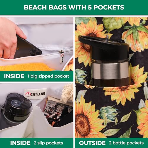 Beach Bag and Pool Bag Has Cooler Pocket, 7 Pockets Total, Zip Top. Family Size Waterproof Beach Tote - color: Blooming Sunflowers