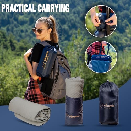 alkamto Travel & Camping Comfortable Memory Foam Pillow – Easy to Carry Portable Bag – Temperature Regulating Pillow Case (Grey Contour + Extra Cover) - size: Grey Contour Travel + Extra Cover