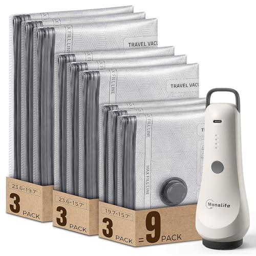 Travel Vacuum Bags for Clothes with Cordless Pump - 9 Pack Reusable Compression Packing, Save 80% Luggage for Suitcase Carry-On & Bedding (9 Combo Travel Size) - size: 9 Combo Travel Size