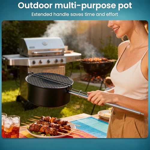 Portable outdoor camping pot, detachable long handle, popcorn pot, non-stick coating and mesh cover, portable and easy to store, black, stainless steel handle with wooden handle for heat resistance