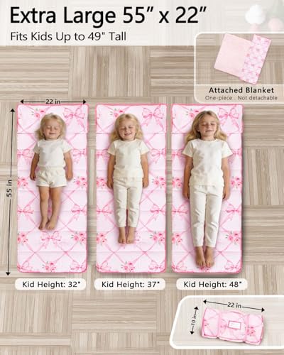 Primlect Thickened Toddler Nap Mat with Removable Pillow and Minky Blanket, Extra Large 55''x35'' Sleeping Bag, Washable, Roll up, Perfect for Daycare, Preschool, Kindergarten, Boys and Girls Bow - color: Pink Bow