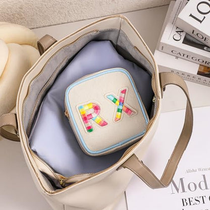 Small Canvas Rx Medicine Packages, Cute Chenille Letter Patch Drug Makeup Bag with Metal Zipper, Mini Travel First Aid Purse Organizer Machine Washable (03Blue-Rainbow) - color: 03Blue-Rainbow