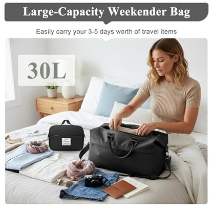 Travel Duffel Bag,Carry-On Overnight Weekender Bags for Women,Personal Item Travel Bag with Shoes Compartment,Sports Gym Bag - color: Black with Toiletry Bag