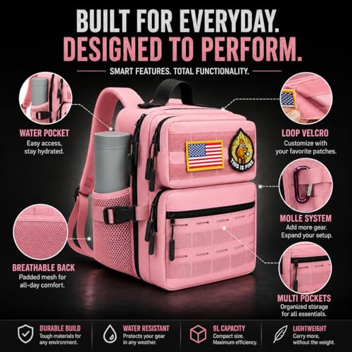 9L Mini Tactical Molle Backpack 9L Small Gym Bag Small Military Assault EDC Backpack for Men Women With Fishing,Hiking,Camping,Traveling,Yoga,Work(Pink) - color: Pink