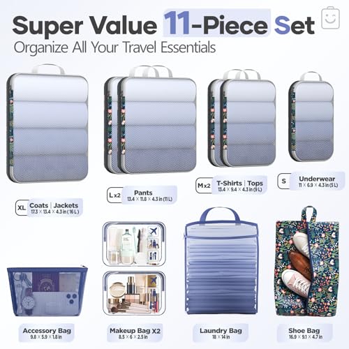 Veken 11-Pack Compression Packing Cubes for Travel Essentials,Compressible Expandable Large Luggage Suitcase Organizer Bags for Clothing,Durable Space Saver Bags with Toiletry Bags(Dark Blue Floral) - color: Dark Blue Floral, size: 11 set