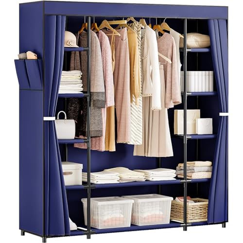 SORCEDAS Portable Closet Wardrobe Organizer Storage with Cover Non-Woben Fabric Portable Wardrobe Closet for Hanging Clothes Racks Shelving 33 Inch for Bedroom, Blue (Blue, 59Inch) - color: Blue, size: 59Inch