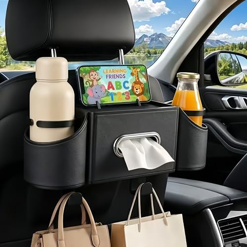 Back Seat Car Organizer, Nappa Leather Car Seat Organizer with Cup Holders and Tissue Box, Premium Hanging Storage Bag for SUV Truck Road Trip (Black) - color: Black