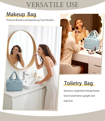 Travel Toiletry Bag for Women, Large Wide-open Puffy Cosmetic Makeup Bag with Wet-Dry Separation, Multi-Pocket Organizer with Carry Handle for Toiletries, Cosmetics, Essentials, Light Blue - color: Light Blue