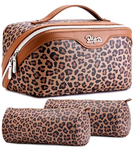 BOYATU Travel Makeup Bag for Women: 3 Pcs Set Portable Make up Bags with Handle - Leopard Print Cosmetic Bags with Comparments - Waterproof Vegan Leather Toiletry Bag (A-1-Brown) - color: 02-A-Brown