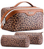 BOYATU Travel Makeup Bag Organizer: 3 Pcs Set Leopard Make up Bag for Women | Vegan Leather Cosmetic Bags with Compartments - Waterproof Toiletry Bag - 180° Open-Flat Make up Case for 3-15 Day Trips - color: 01-Brown