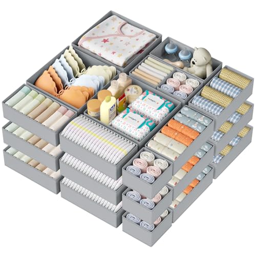 DIMJ Drawer Organizer Clothes Storage - 24 Pack Baby Dresser Organizer for Nursery, Small Fabric Closet Drawer Organizer Bins for Underwears Socks, Foldable Storage Dividers Organization for Bedroom - color: Gray, size: 24 Pack