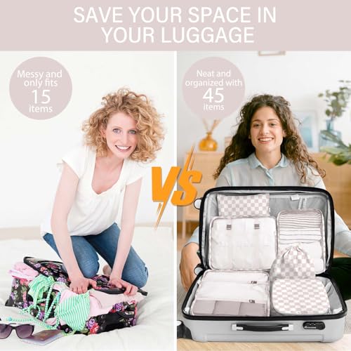 KPX 8 Set Packing Cubes for Travel, Luggage Packing Organizers Accessories Large Toiletries Bag for Clothes Shoes Cosmetics (8Set-Nude Pink Plaid) - color: 8Set-Nude Pink Plaid
