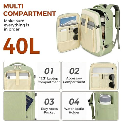 Vancropak Carry on Backpack for Women, Large Expandable Travel Backpack Fits 17.3" Laptop, Airplane Approved Suitcase Bag with Shoe Compartment, Lightweight Anti Theft Weekender Bag for Travel, Green - color: Green
