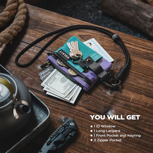 VULKIT Small Minimalist Wallet for Women RFID Blocking, Zipper Coin Pouch with ID Window and Keychain, Water Resistant Travel Lanyard Wallet AauaGreen Purple - color: Aauagree Purple