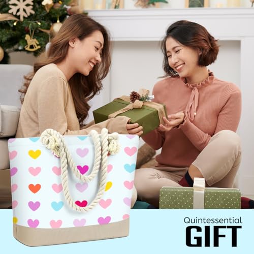Fokongna Tote Bag For Women, Beach Bag Best Friend Travel Birthday Gifts, Travel Parties Vacation Shopping Essentials - color: Pastel Hearts Print