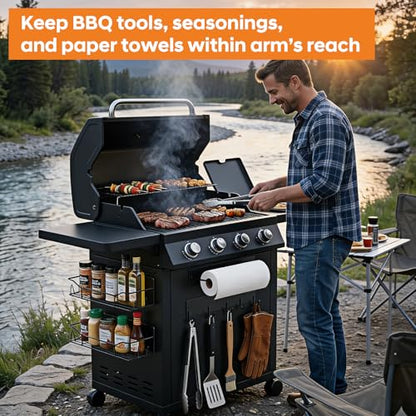 Detukna Magnetic Grill Caddy with Storage Bins, BBQ Tool Organizer with Paper Towel Holder and Hooks, Metal Shelf for Pellet Grill Accessories, Outdoor Smoker Storage Rack